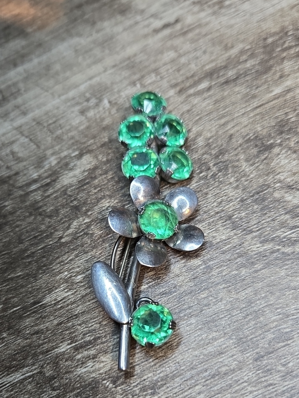 Vtg 1940s Sterling Silver Flower Brooch Green Rhinestones 3.5"
